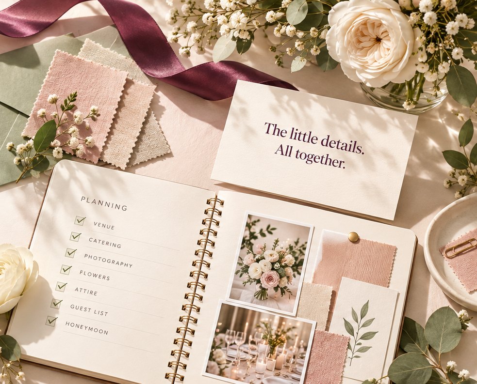An open wedding planner with a ticked checklist, blush fabric swatches, a sage envelope and a mulberry ribbon on an ivory desk